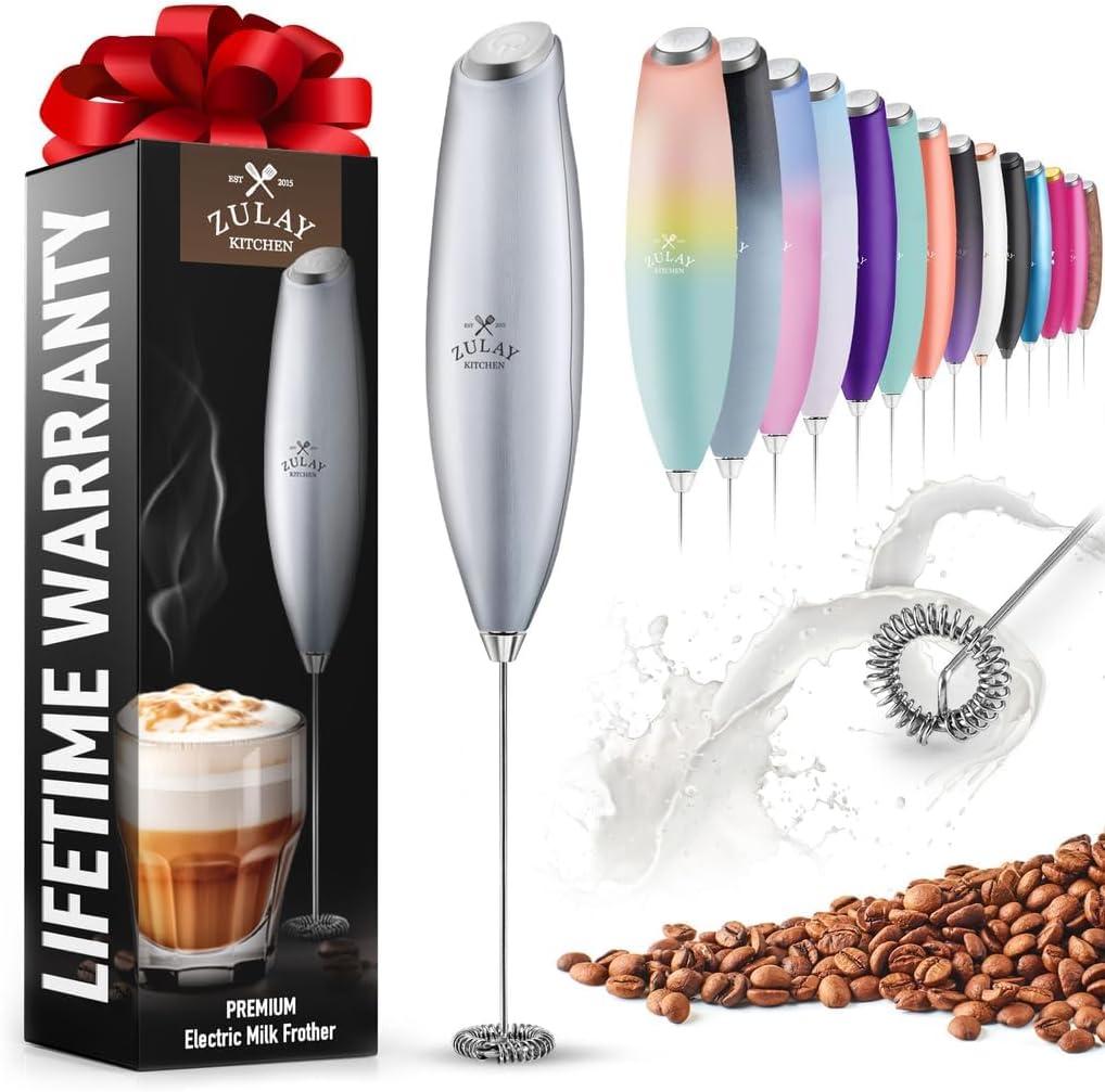 imageZulay Powerful Milk Frother for Coffee with Upgraded Titanium Motor  Handheld Frother Electric Whisk Milk Foamer Mini Mixer ampamp Coffee Blender Frother for Frappe Latte Matcha No Stand  SilverGreen  Black