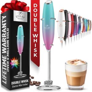 imageZulay Kitchen Powerful Double Whisk Milk Frother Handheld  Foam Maker With Stand  Whisk Drink Mixer for Coffee Mini Foamer for Latte Matcha Frappe Hot Chocolate ampamp Cappuccino Blizzard WhiteBubblegum