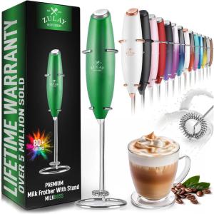 imageZulay Kitchen Powerful Double Whisk Milk Frother Handheld  Foam Maker With Stand  Whisk Drink Mixer for Coffee Mini Foamer for Latte Matcha Frappe Hot Chocolate ampamp Cappuccino Blizzard WhiteMetallic Green