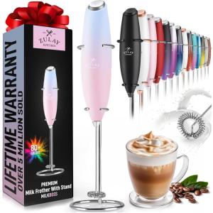 imageZulay Kitchen Powerful Double Whisk Milk Frother Handheld  Foam Maker With Stand  Whisk Drink Mixer for Coffee Mini Foamer for Latte Matcha Frappe Hot Chocolate ampamp Cappuccino Blizzard WhiteLavender Blush