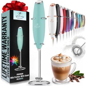 imageZulay Kitchen Powerful Double Whisk Milk Frother Handheld  Foam Maker With Stand  Whisk Drink Mixer for Coffee Mini Foamer for Latte Matcha Frappe Hot Chocolate ampamp Cappuccino Blizzard WhiteFresh Mint