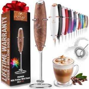 imageZulay Kitchen Powerful Double Whisk Milk Frother Handheld  Foam Maker With Stand  Whisk Drink Mixer for Coffee Mini Foamer for Latte Matcha Frappe Hot Chocolate ampamp Cappuccino Blizzard WhiteWalnut