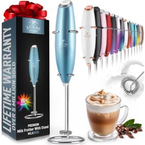imageZulay Kitchen Powerful Double Whisk Milk Frother Handheld  Foam Maker With Stand  Whisk Drink Mixer for Coffee Mini Foamer for Latte Matcha Frappe Hot Chocolate ampamp Cappuccino Blizzard WhiteMetallic Ice Blue