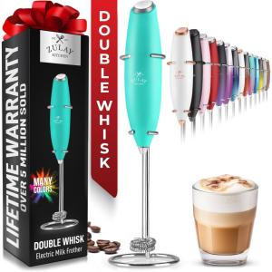 imageZulay Kitchen Powerful Double Whisk Milk Frother Handheld  Foam Maker With Stand  Whisk Drink Mixer for Coffee Mini Foamer for Latte Matcha Frappe Hot Chocolate ampamp Cappuccino Blizzard WhiteCaribbean Aqua
