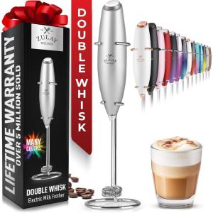 imageZulay Kitchen Powerful Double Whisk Milk Frother Handheld  Foam Maker With Stand  Whisk Drink Mixer for Coffee Mini Foamer for Latte Matcha Frappe Hot Chocolate ampamp Cappuccino Blizzard WhiteBright Silver
