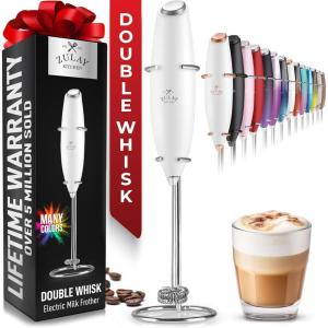 imageZulay Kitchen Powerful Double Whisk Milk Frother Handheld  Foam Maker With Stand  Whisk Drink Mixer for Coffee Mini Foamer for Latte Matcha Frappe Hot Chocolate ampamp Cappuccino Blizzard WhiteBlizzard White