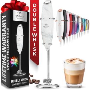 imageZulay Kitchen Powerful Double Whisk Milk Frother Handheld  Foam Maker With Stand  Whisk Drink Mixer for Coffee Mini Foamer for Latte Matcha Frappe Hot Chocolate ampamp Cappuccino Blizzard WhiteCrystal Quartz