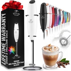imageZulay Kitchen Powerful Double Whisk Milk Frother Handheld  Foam Maker With Stand  Whisk Drink Mixer for Coffee Mini Foamer for Latte Matcha Frappe Hot Chocolate ampamp Cappuccino Blizzard WhiteWhite  Black