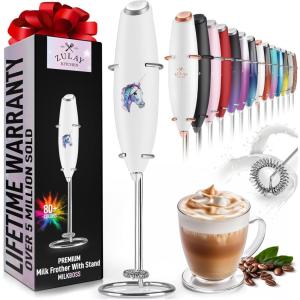 imageZulay Kitchen Powerful Double Whisk Milk Frother Handheld  Foam Maker With Stand  Whisk Drink Mixer for Coffee Mini Foamer for Latte Matcha Frappe Hot Chocolate ampamp Cappuccino Blizzard WhiteUnicorn White