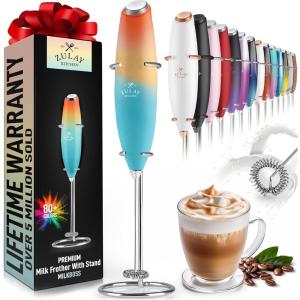 imageZulay Kitchen Powerful Double Whisk Milk Frother Handheld  Foam Maker With Stand  Whisk Drink Mixer for Coffee Mini Foamer for Latte Matcha Frappe Hot Chocolate ampamp Cappuccino Blizzard WhiteSunrise