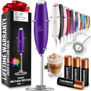 imageZulay Kitchen Powerful Double Whisk Milk Frother Handheld  Foam Maker With Stand  Whisk Drink Mixer for Coffee Mini Foamer for Latte Matcha Frappe Hot Chocolate ampamp Cappuccino Blizzard WhitePurple