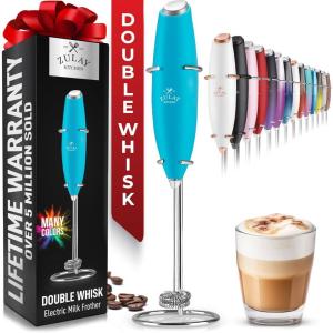 imageZulay Kitchen Powerful Double Whisk Milk Frother Handheld  Foam Maker With Stand  Whisk Drink Mixer for Coffee Mini Foamer for Latte Matcha Frappe Hot Chocolate ampamp Cappuccino Blizzard WhiteBlue Teal