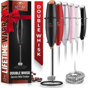 imageZulay Kitchen Powerful Double Whisk Milk Frother Handheld  Foam Maker With Stand  Whisk Drink Mixer for Coffee Mini Foamer for Latte Matcha Frappe Hot Chocolate ampamp Cappuccino Blizzard WhiteBlack  Copper