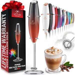imageZulay Kitchen Powerful Double Whisk Milk Frother Handheld  Foam Maker With Stand  Whisk Drink Mixer for Coffee Mini Foamer for Latte Matcha Frappe Hot Chocolate ampamp Cappuccino Blizzard WhiteFire Red