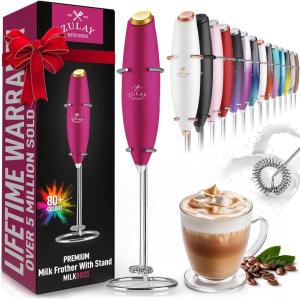 imageZulay Kitchen Powerful Double Whisk Milk Frother Handheld  Foam Maker With Stand  Whisk Drink Mixer for Coffee Mini Foamer for Latte Matcha Frappe Hot Chocolate ampamp Cappuccino Blizzard WhitePink  Gold
