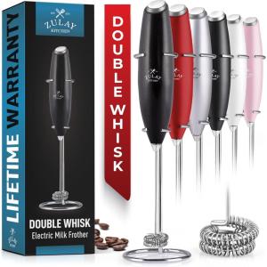imageZulay Kitchen Powerful Double Whisk Milk Frother Handheld  Foam Maker With Stand  Whisk Drink Mixer for Coffee Mini Foamer for Latte Matcha Frappe Hot Chocolate ampamp Cappuccino Blizzard WhiteMetallic Black