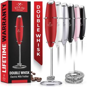 imageZulay Kitchen Powerful Double Whisk Milk Frother Handheld  Foam Maker With Stand  Whisk Drink Mixer for Coffee Mini Foamer for Latte Matcha Frappe Hot Chocolate ampamp Cappuccino Blizzard WhiteCardinal Red