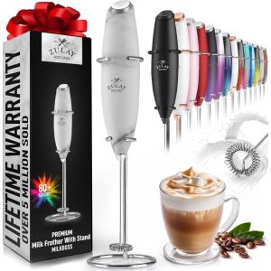 imageZulay Kitchen Powerful Double Whisk Milk Frother Handheld  Foam Maker With Stand  Whisk Drink Mixer for Coffee Mini Foamer for Latte Matcha Frappe Hot Chocolate ampamp Cappuccino Blizzard WhiteMarble