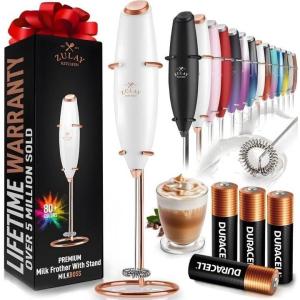 imageZulay Kitchen Powerful Double Whisk Milk Frother Handheld  Foam Maker With Stand  Whisk Drink Mixer for Coffee Mini Foamer for Latte Matcha Frappe Hot Chocolate ampamp Cappuccino Blizzard WhiteExec White  Rose Gold
