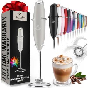 imageZulay Kitchen Powerful Double Whisk Milk Frother Handheld  Foam Maker With Stand  Whisk Drink Mixer for Coffee Mini Foamer for Latte Matcha Frappe Hot Chocolate ampamp Cappuccino Blizzard WhiteGray