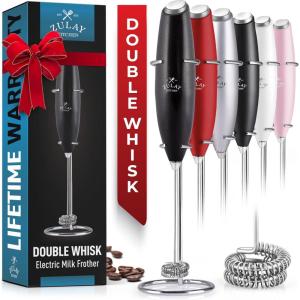imageZulay Kitchen Powerful Double Whisk Milk Frother Handheld  Foam Maker With Stand  Whisk Drink Mixer for Coffee Mini Foamer for Latte Matcha Frappe Hot Chocolate ampamp Cappuccino Blizzard WhiteMidnight Black