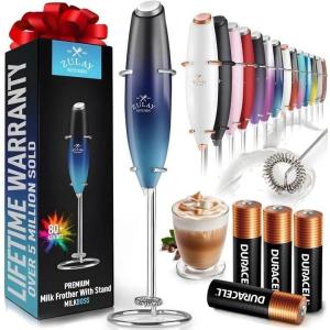 imageZulay Kitchen Powerful Double Whisk Milk Frother Handheld  Foam Maker With Stand  Whisk Drink Mixer for Coffee Mini Foamer for Latte Matcha Frappe Hot Chocolate ampamp Cappuccino Blizzard WhiteDeep Sea
