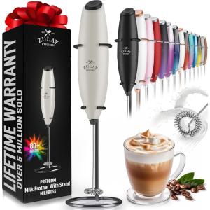 imageZulay Kitchen Powerful Double Whisk Milk Frother Handheld  Foam Maker With Stand  Whisk Drink Mixer for Coffee Mini Foamer for Latte Matcha Frappe Hot Chocolate ampamp Cappuccino Blizzard WhiteExec Gray  Black