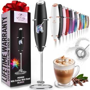 imageZulay Kitchen Powerful Double Whisk Milk Frother Handheld  Foam Maker With Stand  Whisk Drink Mixer for Coffee Mini Foamer for Latte Matcha Frappe Hot Chocolate ampamp Cappuccino Blizzard WhiteUnicorn Black