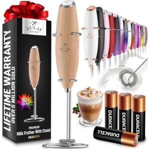 imageZulay Kitchen Powerful Double Whisk Milk Frother Handheld  Foam Maker With Stand  Whisk Drink Mixer for Coffee Mini Foamer for Latte Matcha Frappe Hot Chocolate ampamp Cappuccino Blizzard WhiteMaple