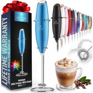 imageZulay Kitchen Powerful Double Whisk Milk Frother Handheld  Foam Maker With Stand  Whisk Drink Mixer for Coffee Mini Foamer for Latte Matcha Frappe Hot Chocolate ampamp Cappuccino Blizzard WhiteMetallic Blue