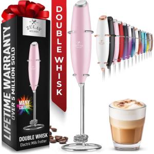 imageZulay Kitchen Powerful Double Whisk Milk Frother Handheld  Foam Maker With Stand  Whisk Drink Mixer for Coffee Mini Foamer for Latte Matcha Frappe Hot Chocolate ampamp Cappuccino Blizzard WhiteCotton Candy