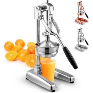 imageZulay Kitchen Professional Citrus Juicer  Chrome Finish Manual Citrus Press and Orange Squeezer  Metal Lemon Squeezer  Extra Tall Heavy Duty Manual Orange Juicer and Lime Squeezer Press Stand