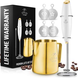 imageZulay Powerful Milk Frother for Coffee with Upgraded Titanium Motor  Handheld Frother Electric Whisk Milk Foamer Mini Mixer ampamp Coffee Blender Frother for Frappe Latte Matcha No Stand  SilverWhite  Gold