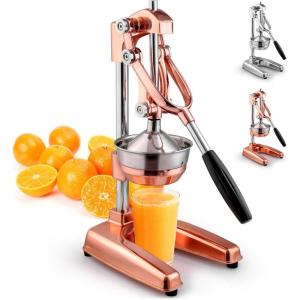 imageZulay Professional Citrus Juicer  Premium Manual Citrus Press and Orange Squeezer  Metal Lemon Squeezer  Extra Tall Heavy Duty Manual Orange Juicer and Lime Squeezer Press Stand  Rose GoldDeluxe Rose Gold