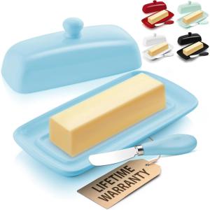 imageZulay Butter Dish With Lid For Countertop  Porcelain White Ceramic Butter Dish with Knob Handle Great for Cooking  Elegant Design Butter Holder  Durable ampamp Sturdy Butter Keeper  WhiteLight Blue