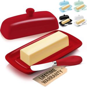 imageZulay Butter Dish With Lid For Countertop  Porcelain White Ceramic Butter Dish with Knob Handle Great for Cooking  Elegant Design Butter Holder  Durable ampamp Sturdy Butter Keeper  WhiteRed