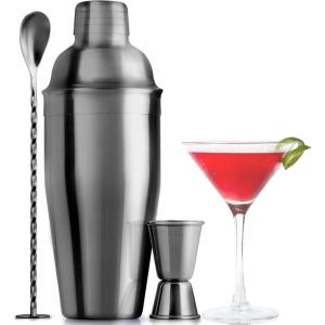 imageZulay Cocktail Shaker Set  Stainless Steel Mixed Drink Shaker  Martini Shaker Set with Build in Strainer Double Sided Jigger ampamp Muddler Combo Mixing Spoon  Pro Margarita Shaker  Large 24ozBlack