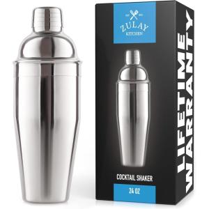 imageZulay Cocktail Shaker Set  Stainless Steel Mixed Drink Shaker  Martini Shaker Set with Build in Strainer Double Sided Jigger ampamp Muddler Combo Mixing Spoon  Pro Margarita Shaker  Large 24ozSilver