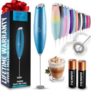 imageZulay Kitchen Milk Frother Wand Drink Mixer with AA Duracell Batteries Durable Handheld Milk Frother Electric Whisk  EasyClean Milk Frother Wand ampamp Mini Blender  Electric Coffee Frother  BlackMetallic Blue