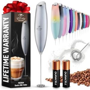 imageZulay Kitchen Milk Frother Wand Drink Mixer with AA Duracell Batteries Durable Handheld Milk Frother Electric Whisk  EasyClean Milk Frother Wand ampamp Mini Blender  Electric Coffee Frother  BlackBright Metallic Silver