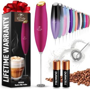 imageZulay Kitchen Milk Frother Wand Drink Mixer with AA Duracell Batteries Durable Handheld Milk Frother Electric Whisk  EasyClean Milk Frother Wand ampamp Mini Blender  Electric Coffee Frother  BlackHot Pink with Gold Button