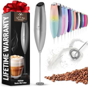 imageZulay Kitchen Milk Frother Wand Drink Mixer with AA Duracell Batteries Durable Handheld Milk Frother Electric Whisk  EasyClean Milk Frother Wand ampamp Mini Blender  Electric Coffee Frother  BlackMetallic Silver with Black Button