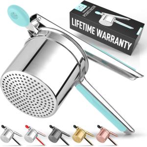 imageZulay Kitchen Premium Large 15oz Potato Ricer Heavy Duty Professional Stainless Steel Potato Masher and Ricer Kitchen Tool Press and Mash Kitchen Gadget  Metallic BlackTurquoise
