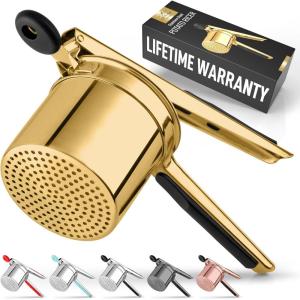 imageZulay Kitchen Premium Large 15oz Potato Ricer Heavy Duty Professional Stainless Steel Potato Masher and Ricer Kitchen Tool Press and Mash Kitchen Gadget  Metallic BlackGold  Black