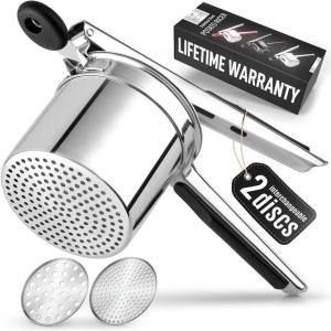 imageZulay Kitchen Premium Large 15oz Potato Ricer Heavy Duty Professional Stainless Steel Potato Masher and Ricer Kitchen Tool Press and Mash Kitchen Gadget  Metallic BlackBlackSilver
