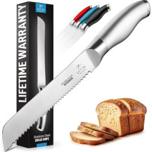 imageZulay Serrated Bread Knife  Stainless Steel Bread Knife for Homemade Bread Cake Bagel  One Piece Bread Cutter ampamp Slicer with Tip Safety Guard  Sharp 8Inch Blade ampamp 5Inch Handle BlackSilver