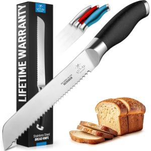 imageZulay Serrated Bread Knife  Stainless Steel Bread Knife for Homemade Bread Cake Bagel  One Piece Bread Cutter ampamp Slicer with Tip Safety Guard  Sharp 8Inch Blade ampamp 5Inch Handle BlackBlack