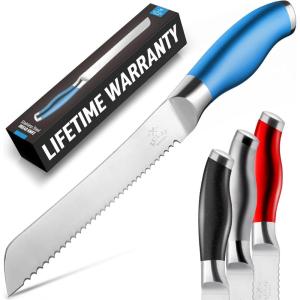 imageZulay Serrated Bread Knife  Stainless Steel Bread Knife for Homemade Bread Cake Bagel  One Piece Bread Cutter ampamp Slicer with Tip Safety Guard  Sharp 8Inch Blade ampamp 5Inch Handle BlackBlue