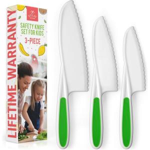 imageZulay 3Piece Kids Knife Set for Real Cooking ampamp Baking  Toddler Knives for Cutting Fruits Veggies ampamp Cake  Childrens Montessori Knife with Serrated Edges  Safe ampamp Fun Lettuce Knife GreenGreen  White