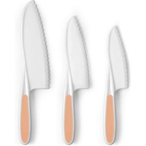 imageZulay 3Piece Kids Knife Set for Real Cooking ampamp Baking  Toddler Knives for Cutting Fruits Veggies ampamp Cake  Childrens Montessori Knife with Serrated Edges  Safe ampamp Fun Lettuce Knife GreenPeach